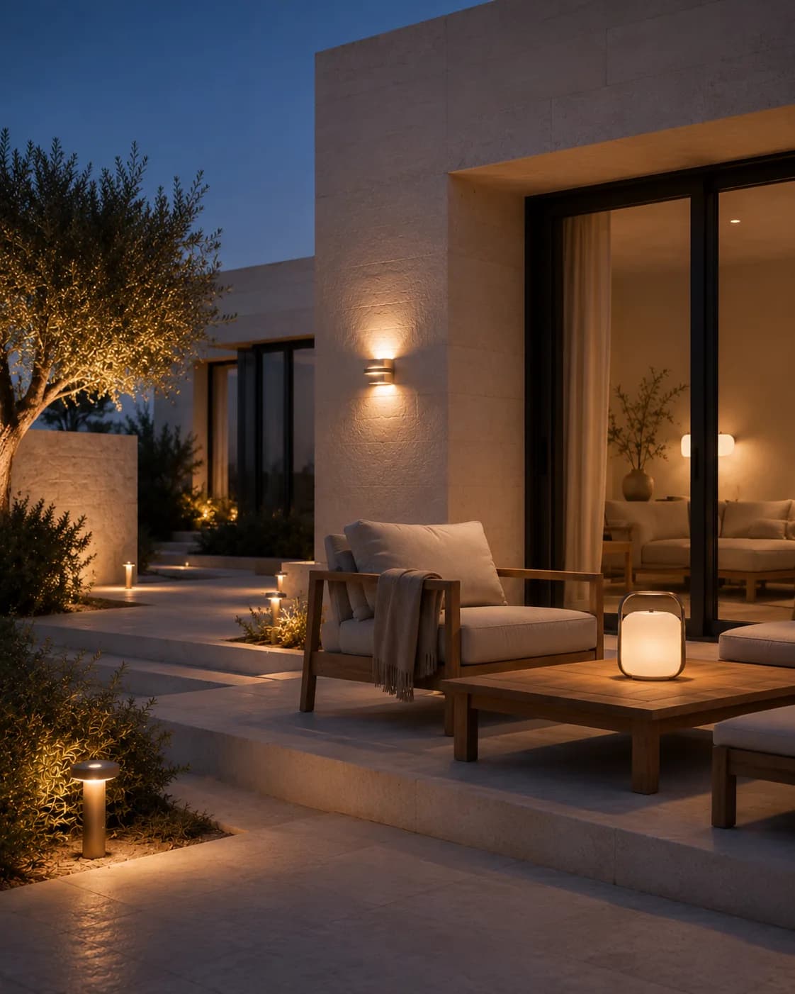 Terrasse en soirée éclairée par des appliques extérieures