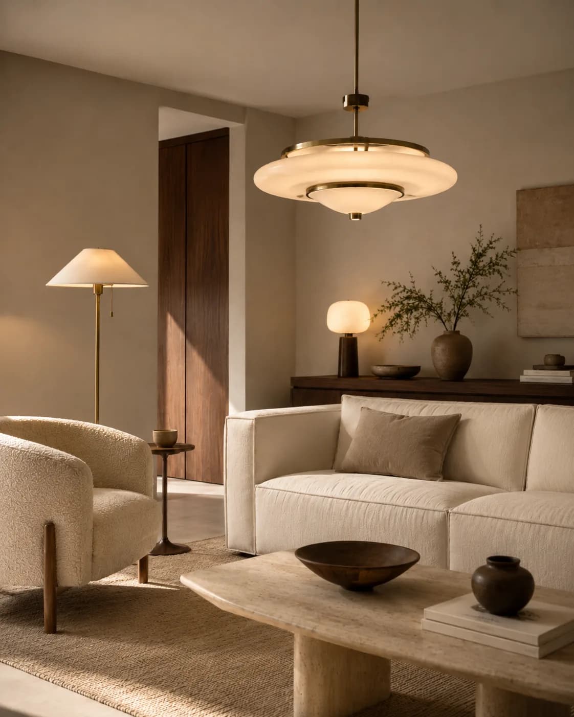 Salon chaleureux éclairé par un lampadaire et une suspension